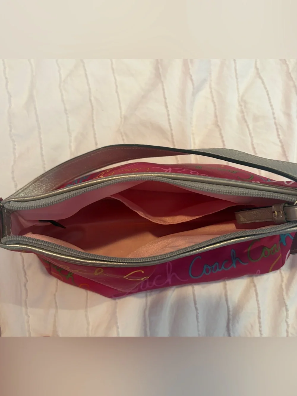 Coach Y2K Hot Pink Multicolor Script Shoulder Bag with Silver Trim